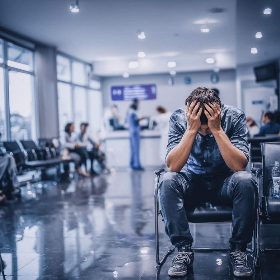 Man in distress in a hospital waiting area